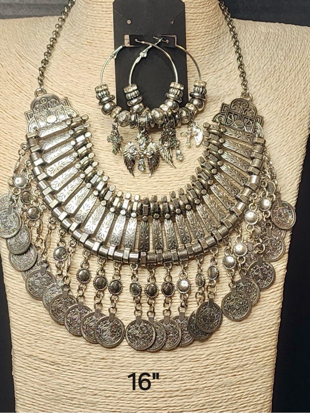 152. Bohemian Silver-Tone Coin Statement Necklace & Hoop Earrings Set